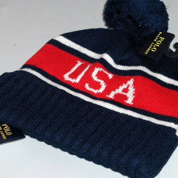 Polo Ralph Lauren Alpine Skiing Pom Beanie Hat USA - Picture 2 of 5